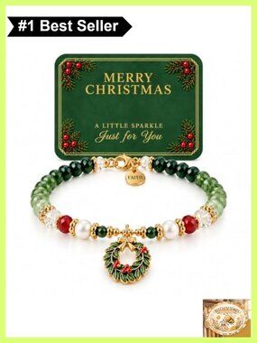 Christmas Wreath Faith Charm Beaded Stretch Bracelet Holiday Jewelry